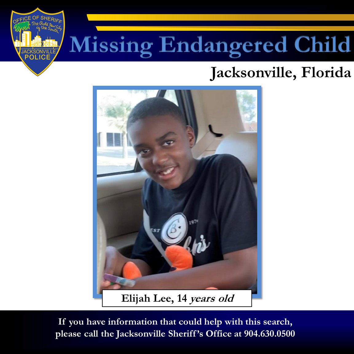 JSOPIO's tweet photo. #JSO seeks missing endangered teen on the City's westside. Elijah Lee (Black, Male, 14yo, 5'7", 130 lbs, Gray "Adidas" shirt, black shorts and sandals) was last seen at 6:40 pm in the 4000 block of Muscadine Ct. Diagnosed with Autism. Call 904-630-0500 with information. https://t.co/vQwiB7WQJ2