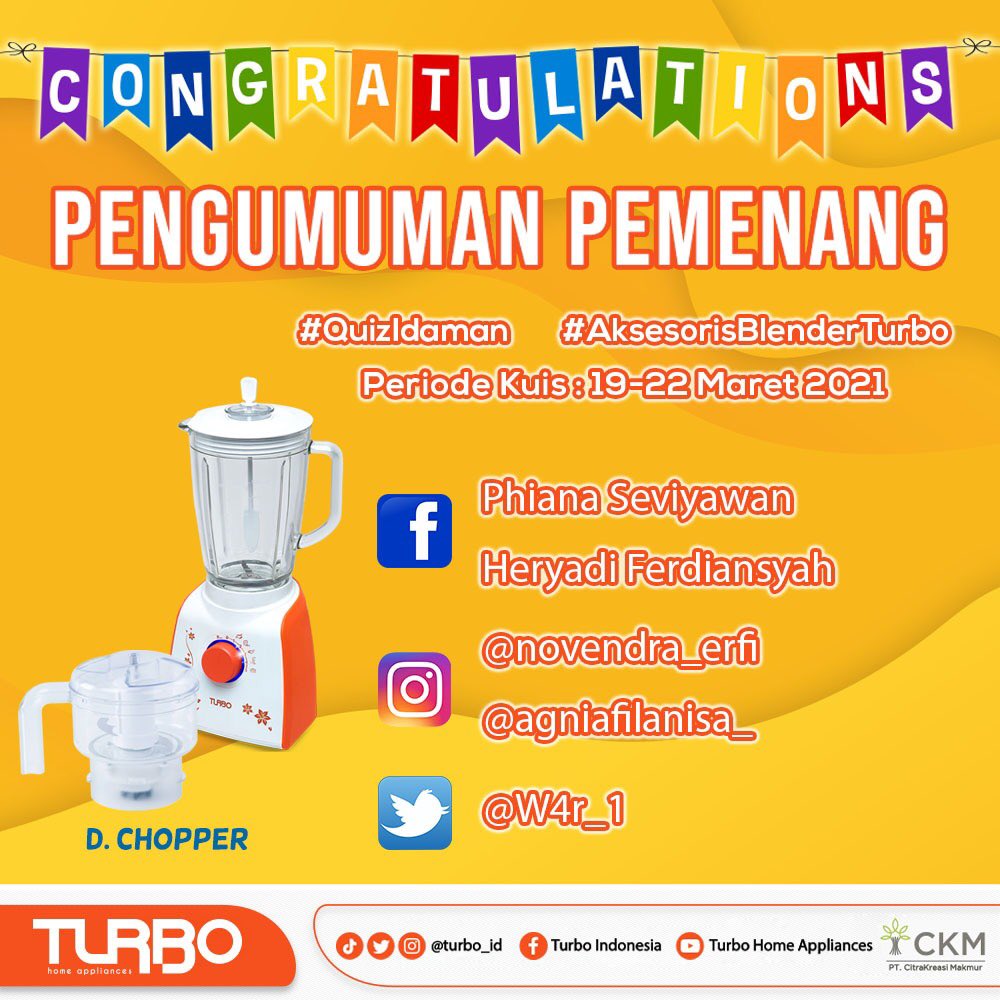 turbo_id's tweet photo. Selamat untuk Teman Idaman yang beruntung dan menjawab dengan benar..
Terimakasih juga atas partisipasi Teman Idaman yang sudah mengikuti kuis kali ini.. Dan berikut 5 (lima) orang pemenangnya..
Segera kirimkan data diri kamu via DM (Nama Lengkap, Nama Akun Socmed, Alamat Email, https://t.co/AGdwcmbP18