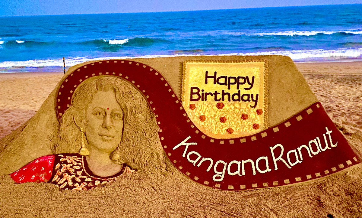 sudarsansand's tweet photo. Wishing you a very Happy Birthday Queen of Bollywood #KanganaRanaut Ji . May Lord Jagannath bless you. Many many congratulations for winning best actress award. My SandArt at Puri beach in Odisha. https://t.co/BI7Bjw32Yg