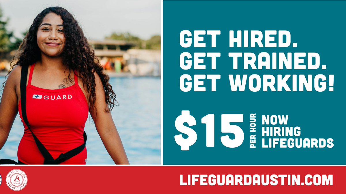 AustinCityParks's tweet photo. Lifeguard training and certification offered for qualified applicants ages 15 and up. Enjoy flexible hours, learn life-saving skills, work outside, and earn $15/hour. 💦
 
🔎Learn more and apply today. https://t.co/gUKo9jsYBN
#LifeguardAustin #SwimATX #ATXjobs https://t.co/PczRRlr0Lz