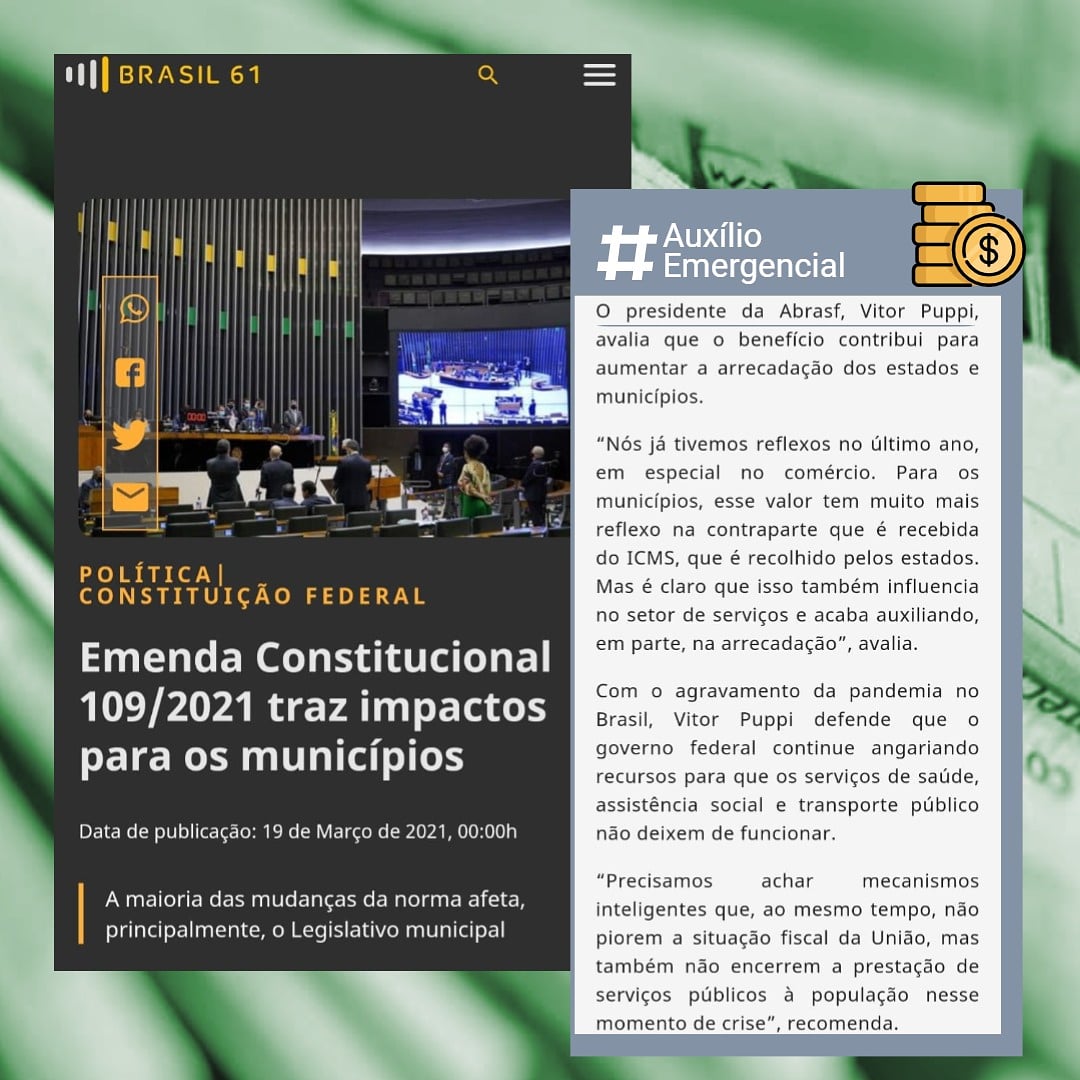 Abrasf's tweet photo. Na MÍDIA | Ao @brasil61_ , o presidente da Abrasf @vitorpuppi, avaliou pontos da EC 109/2021 que impactam diretamente nos #municípios. A medida impõe mais rigidez na contenção fiscal, controle de despesas e redução de incentivos tributários. ➡️
 https://t.co/MUJZ1obgxp https://t.co/PXW7V9jKf8