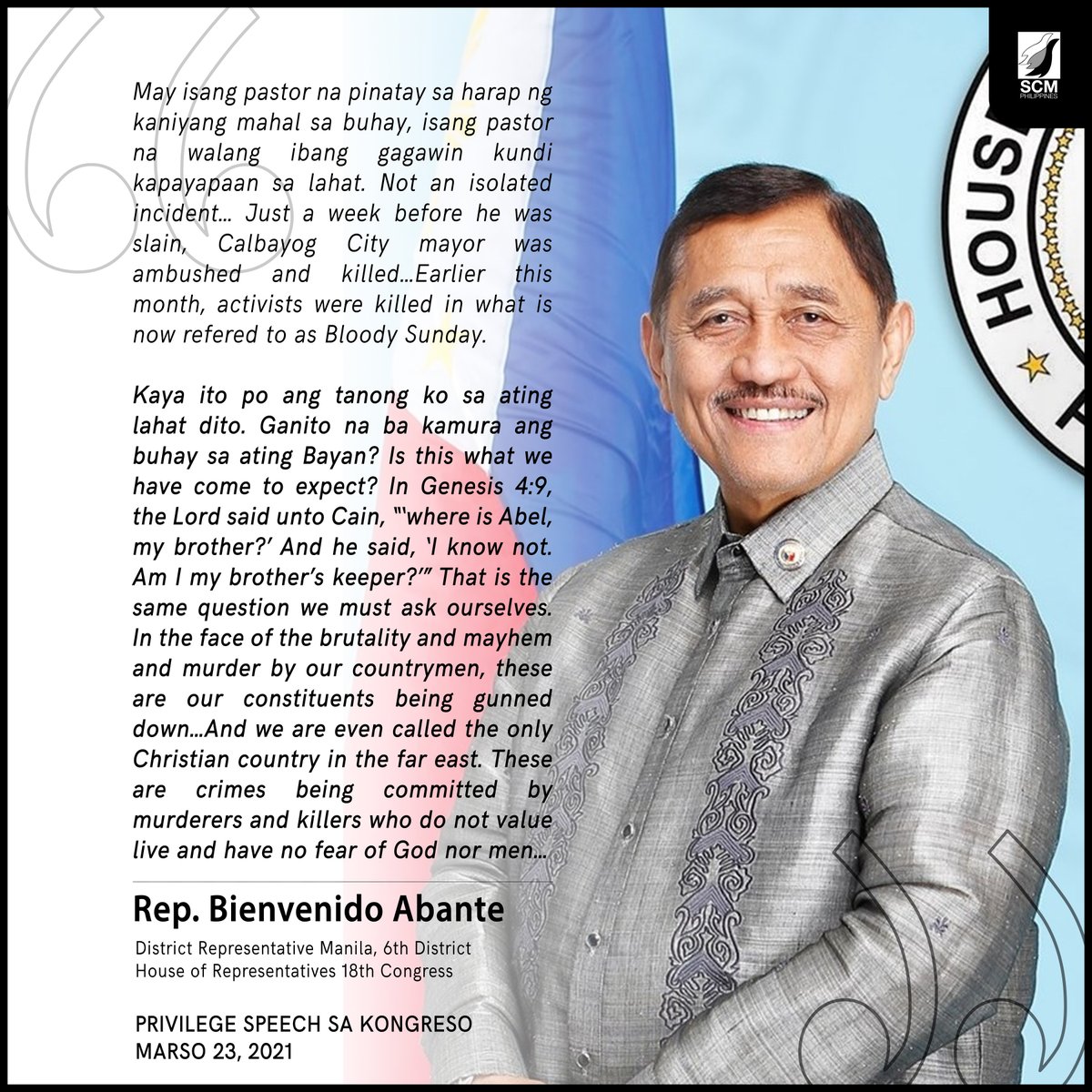 SCMPhilippines's tweet photo. BASAHIN: Pahayag ni Rep. Bienvenido "Benny" Abante, Jr. (Mnl, Dis 6) hinggil sa pagpaslang kay Pastor Dioscoro Jet Tan, Jr. sa privilege speech sa Kongreso kahapon, Marso 22, 2021.

#StopTheKillings
#StopTheAttacksOnChurchPeople
#DefendSouthernTagalog

https://t.co/0MLGwnQzaq https://t.co/UYOzl7107F