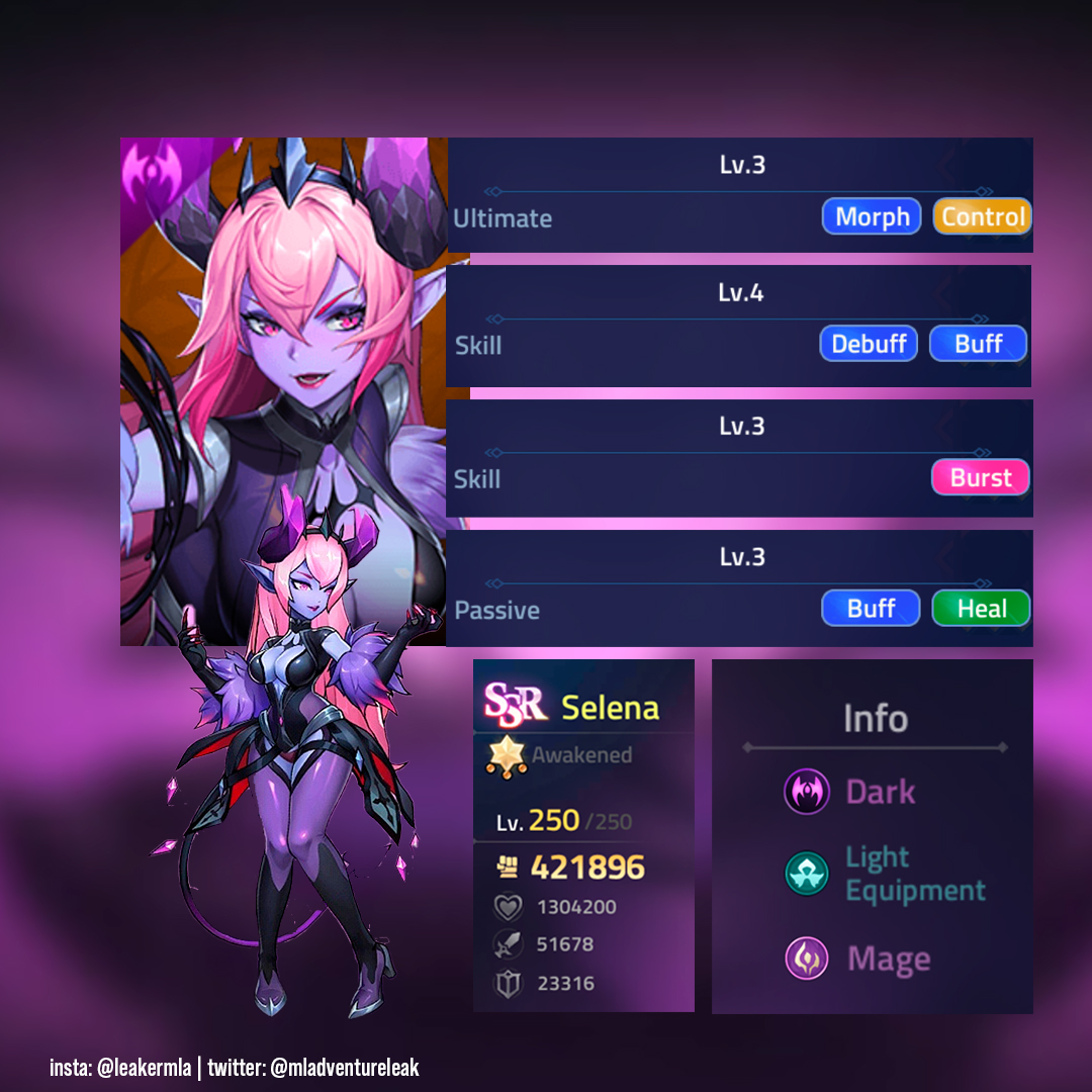 xcessmla's tweet photo. Summary of Selena - Abyssal Witch. Will be released soon. Details of skins are still unknown.
#mladventure #mobilelegendsadventure #mladventureleak #leakermla https://t.co/NfnfmOjcY4