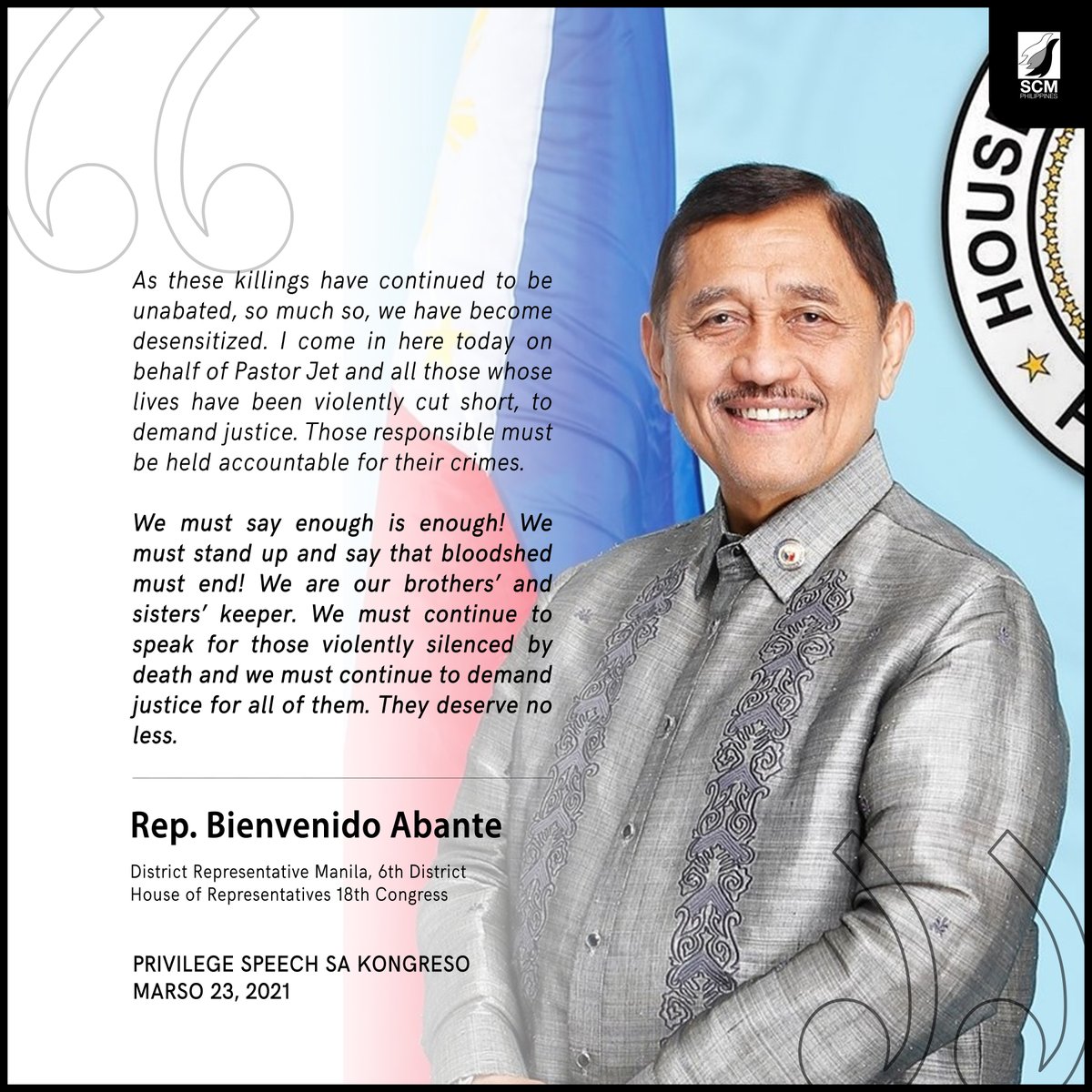 SCMPhilippines's tweet photo. BASAHIN: Pahayag ni Rep. Bienvenido "Benny" Abante, Jr. (Mnl, Dis 6) hinggil sa pagpaslang kay Pastor Dioscoro Jet Tan, Jr. sa privilege speech sa Kongreso kahapon, Marso 22, 2021.

#StopTheKillings
#StopTheAttacksOnChurchPeople
#DefendSouthernTagalog

https://t.co/0MLGwnQzaq https://t.co/UYOzl7107F