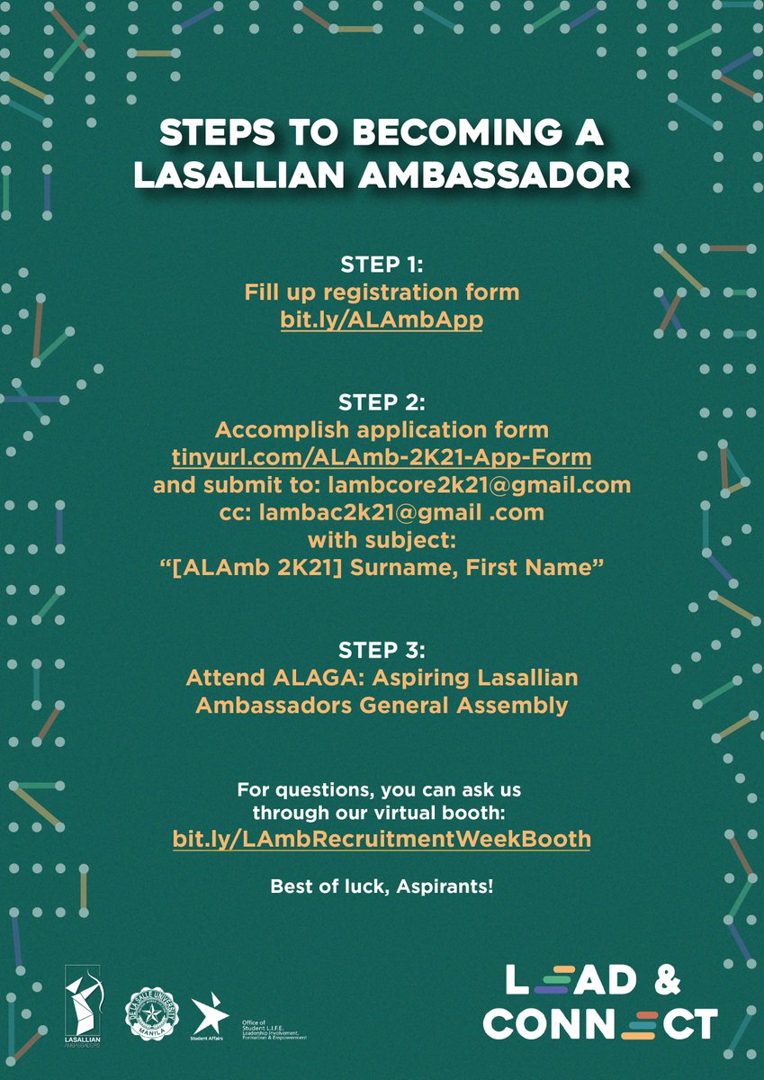DLSU_LAMB's tweet photo. Starting your journey as a Lasallian Ambassador is as easy as 1,2,3!
Here are the first three steps you need to take to start your journey! Take the chance to LEAD & CONNECT!
Interested in joining LAmb? Join us through: https://t.co/pALhP7zUpX
#LAmb2K21
#LeadAndConnect https://t.co/5lp53wraWp