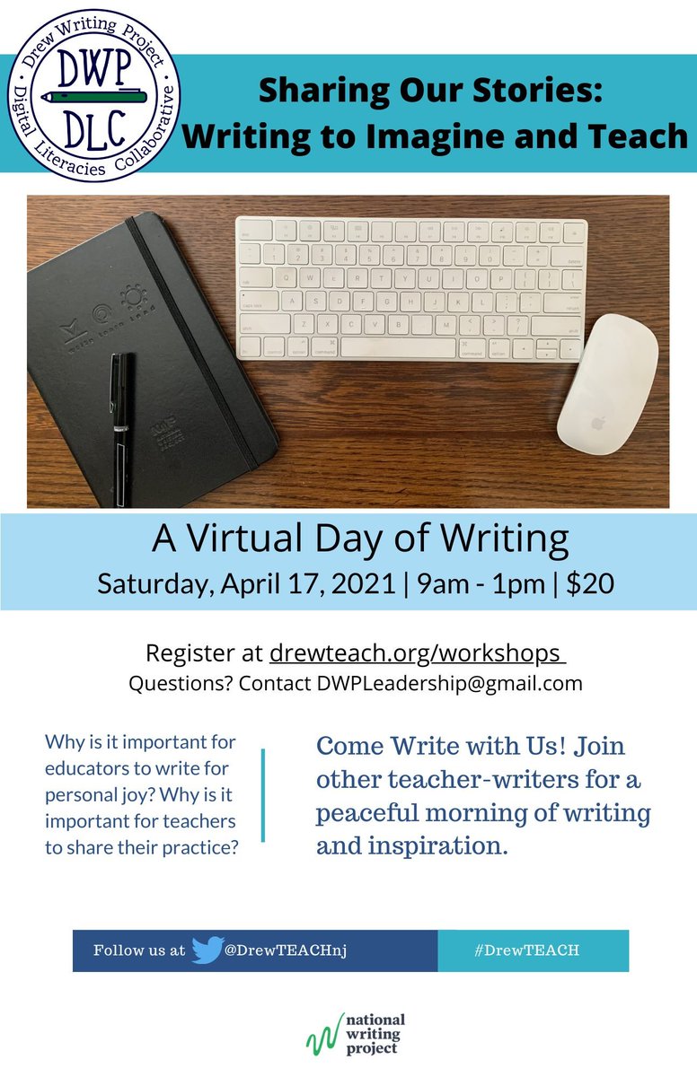 Coming up soon, A Virtual Day of Writing on Saturday, April 17 from 9AM - 1PM. Register for the Drew Writing Project and Digital Literacies Collaborative Day of Writing airtable.com/shrP2KTLwRvNks… <a href="/DrewTEACHnj/">DrewTEACH</a>  #DrewTEACH #teacherwriter #write_for_joy It will be a fun day of writing!