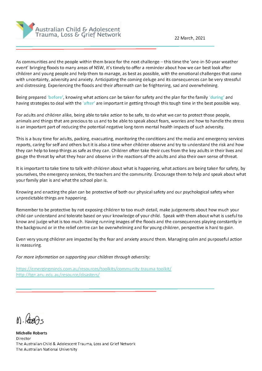 ACATLGN would like to send our thoughts to all those impacted by the #NSWfloods and #QLDfloods. 
Please read the attached letter from our Director Michelle Roberts and review the following resources for additional support:
emergingminds.com.au/.../community-…
tgn.anu.edu.au/resource/disas…