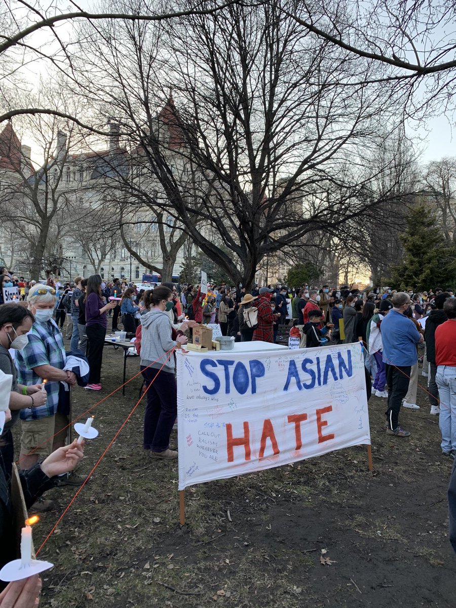 YangB_RPI's tweet photo. Hundreds gathered at Academy Park in Albany NY today to support Asian Americans and call for #StopAsianHateCrimes . Standing among them, Dr. ML King’s quote never echo louder or feel so real and relevant to me “Injustice anywhere is a thread to justice everywhere”. https://t.co/W3MG0LP3he