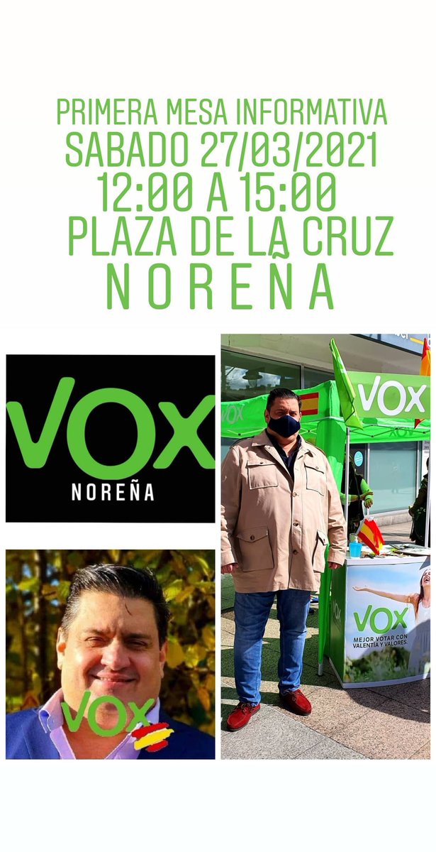 alaindiazm's tweet photo. Primera Mesa informativa 27/03/2021. 12:00 a 15:00. Plaza de la Cruz. Noreña. #VOX #VOXNOREÑA
https://t.co/F92nZ2khRl https://t.co/lD1vtJFzTl