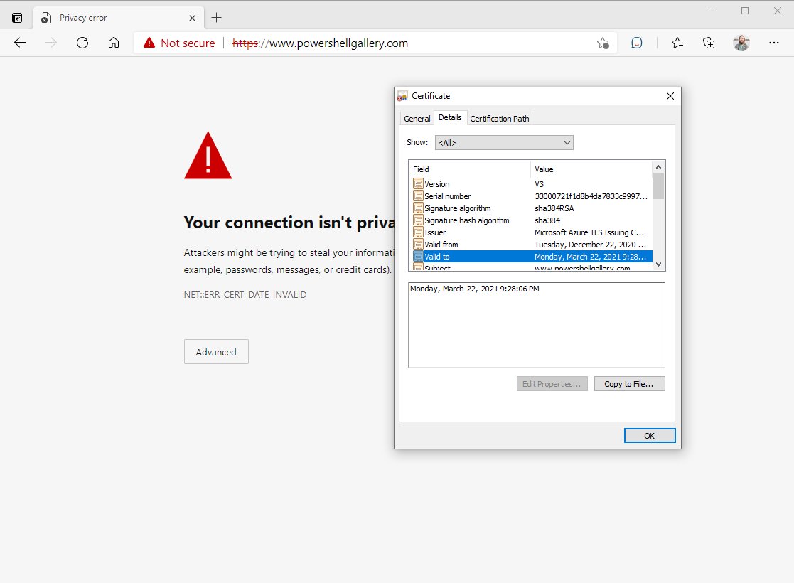 Hey <a href="/ThePSGallery/">PowerShellGallery</a>, may want to have someone take a look. You cert just expired...