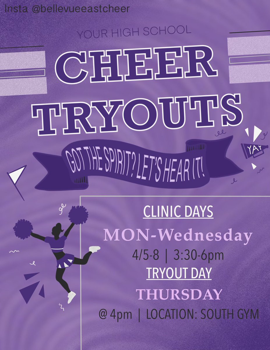 Cheer tryout clinic begins April 5th! <a href="/BellevueSchools/">Bellevue Public Schools</a> <a href="/ChieftainNation/">Bellevue East</a>