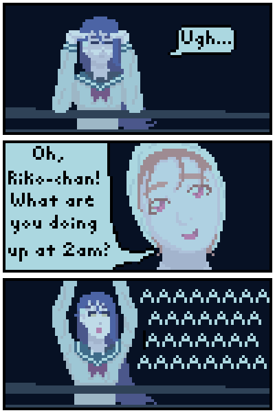 a very quick 3-panel #pixelart comic I made at 1am! riko's having a tough night. 