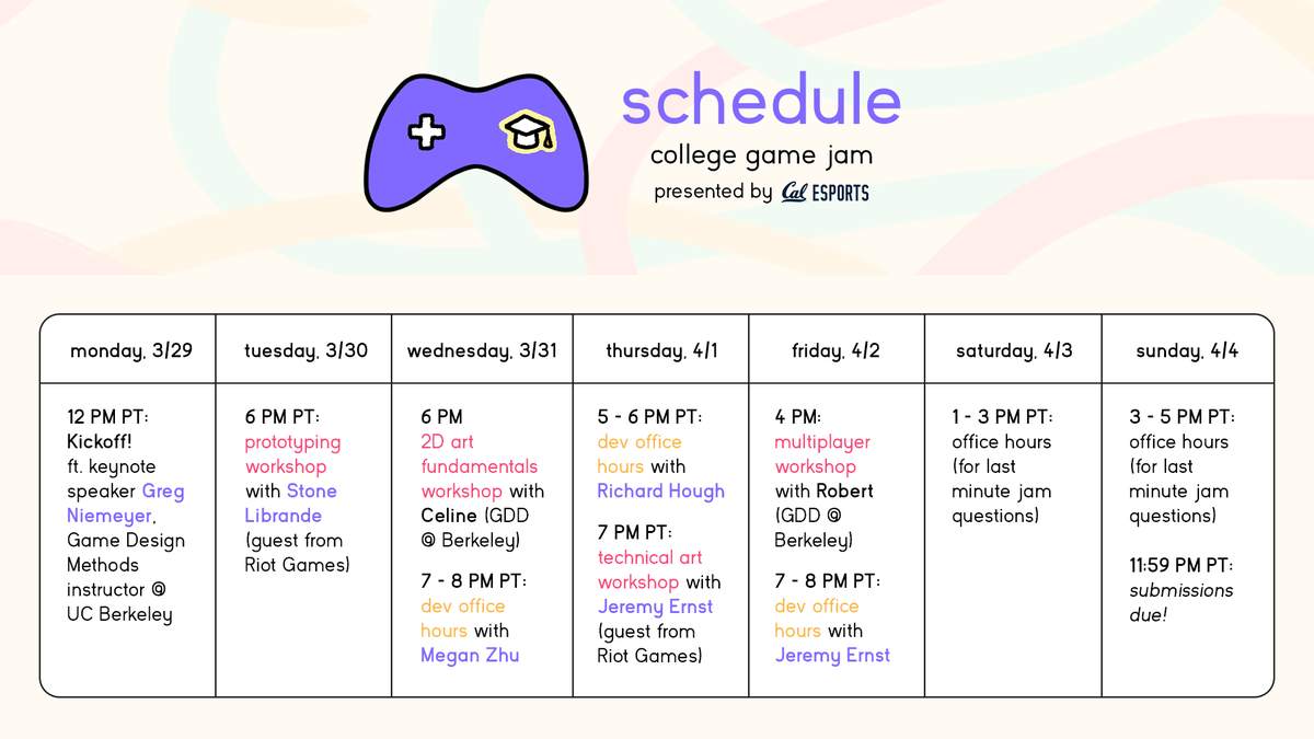 CALEsports's tweet image. collegegamejam: The #CollegeGameJam is packed with exciting events for all #studentdevs! 📚🎮

📅 Check out the full schedule of workshops and office hours: tiny.cc/CGJ21Sch