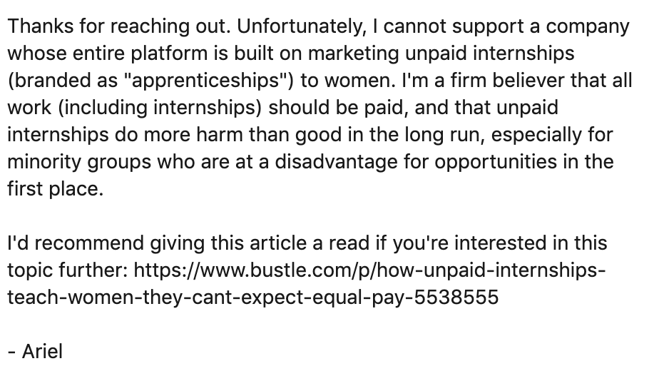arielsonline's tweet photo. got a recruiter message on linkedin for a company that markets unpaid internships to women and let me tell you i am tired of this discourse https://t.co/by65srPlNi