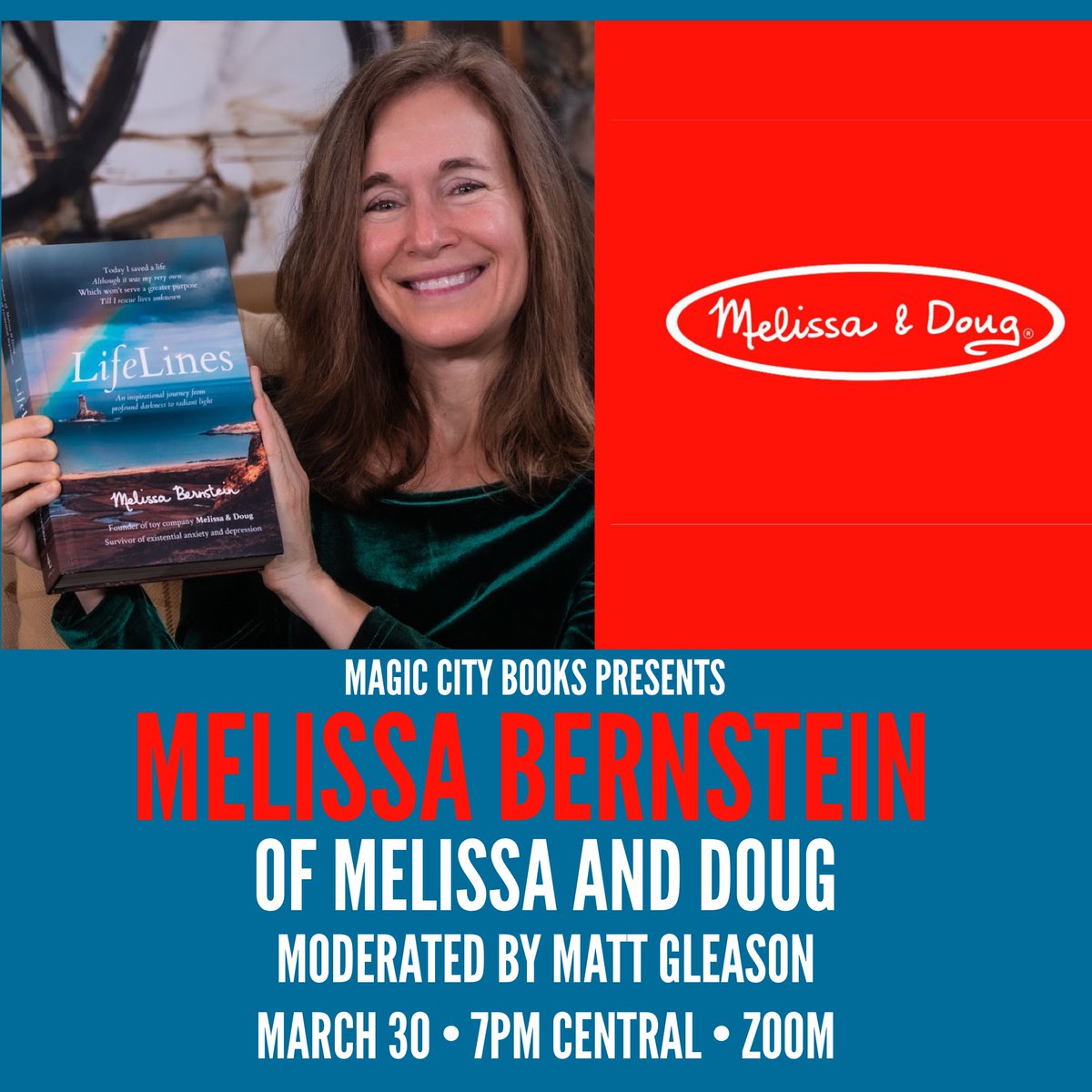 MagicCityBooks's tweet photo. RSVP NOW: Melissa Bernstein from @MelissaAndDoug joins us to discuss her new memoir about struggles with depression. Moderated by Matt Gleason from @MHAOKLA. March 30. Free. Open to all. 7pm central. Sign up at https://t.co/usRrTLHtS6. https://t.co/HFmqu7BptW