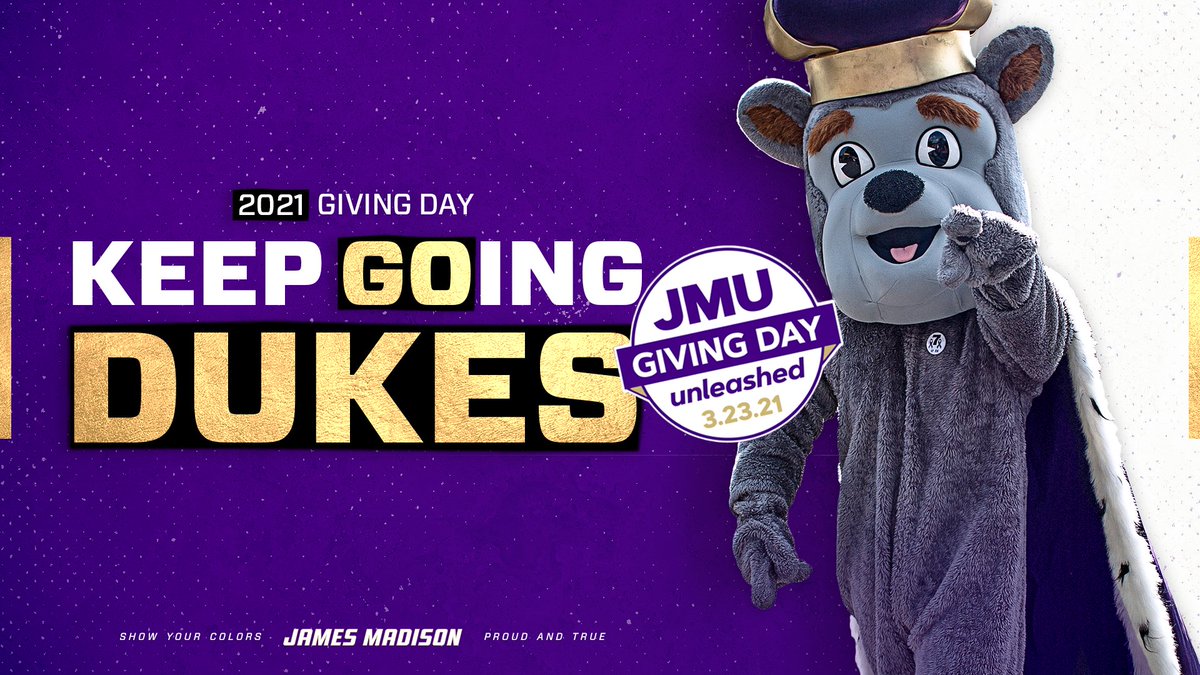 JMUSports's tweet photo. Wake up - it’s #JMUGivingDay! 

Show your colors proud and true and make a gift to the @JMUDukeClub Proud and True fund! 

🎁 | https://t.co/Eosaa2ONOg 

#GoDukes https://t.co/UTfr7YaUP1