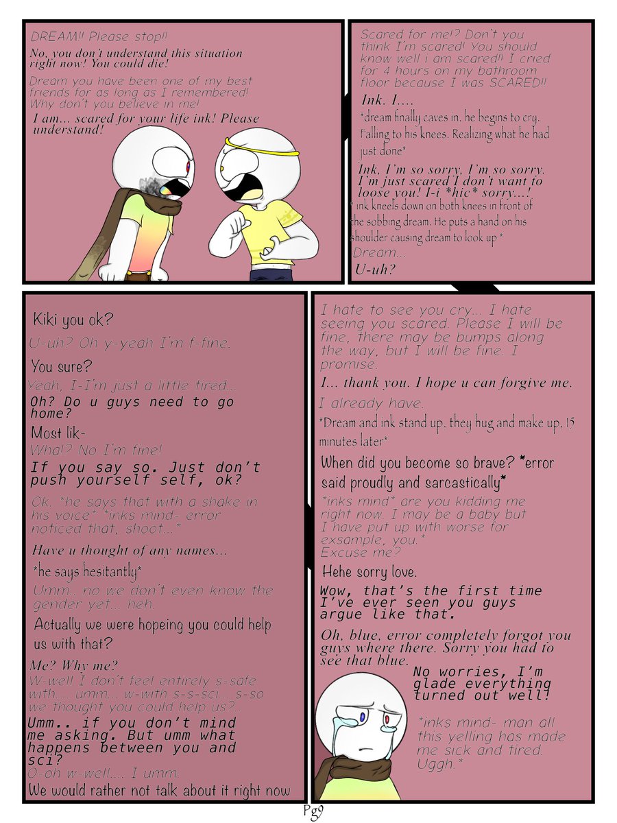 1116Reb's tweet photo. Page 9 of recovery! I hope you are enjoying it so far please leave comment if you like too! Anyways thank you share as much as possible thank you!
€ tags €
#undertale #undertaleau #story #comic #dreamsans #swapsans #ErrorInk #errorsans #inksan https://t.co/n98YD2KTrr