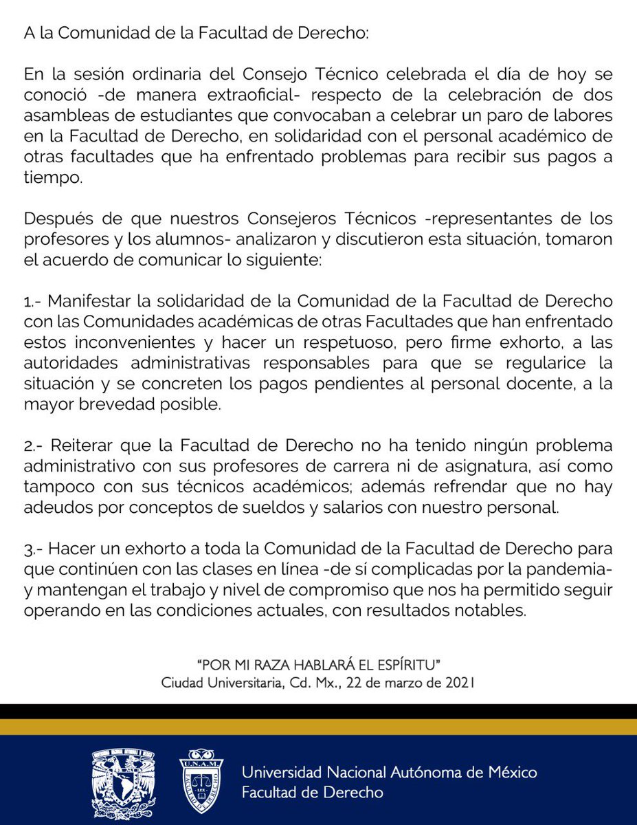 DerechoUNAMmx's tweet photo. A la Comunidad de la Facultad de Derecho: https://t.co/ubfNly1ZzX