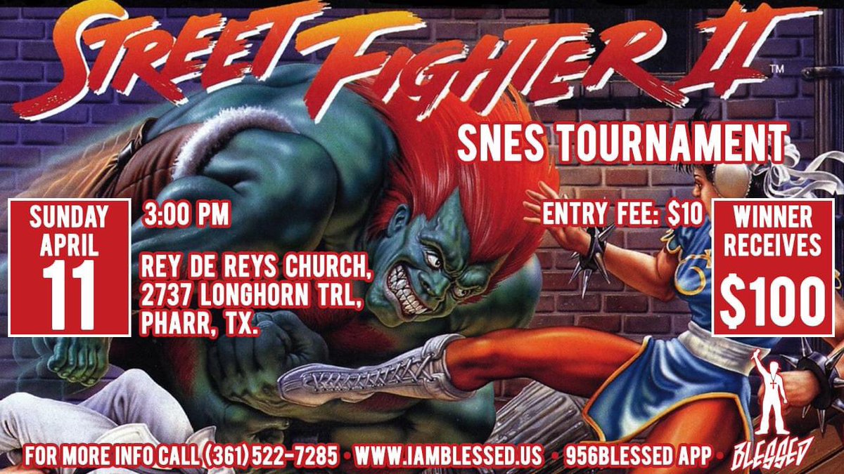 956blessed's tweet photo. I’m doing a street fighter 2 tournament in Pharr, April 11th.  It would be awesome if you all played in it.  Winner gets $100 the rest of the funds go towards a food drive I am doing.  Hope I can count on your support.  Share it wherever you can! https://t.co/89m2pwPLEX