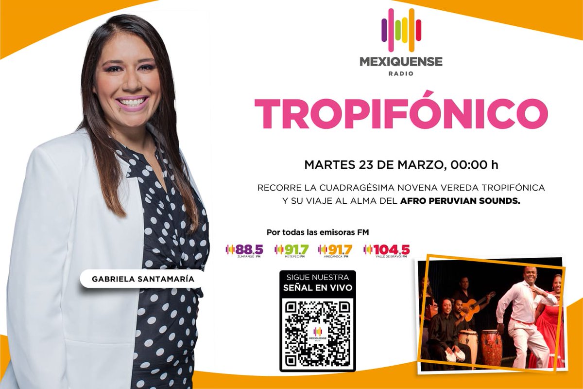 MexiquenseR's tweet photo. La media noche se llena de #PuraGozadera💃 en #Tropifónico🌴 al lado de @Gabyen917FM y una selección musical de ritmos
#AfroPeruvian 🪘
#ConéctateConLaRadio 📻
#Tropifónico45 🪘
Sintonízanos en:
@MexiquenseR917
@MexiquenseR1045
@MexiquenseRZum
@MexiquenseRAme https://t.co/WzIVv2J2d6