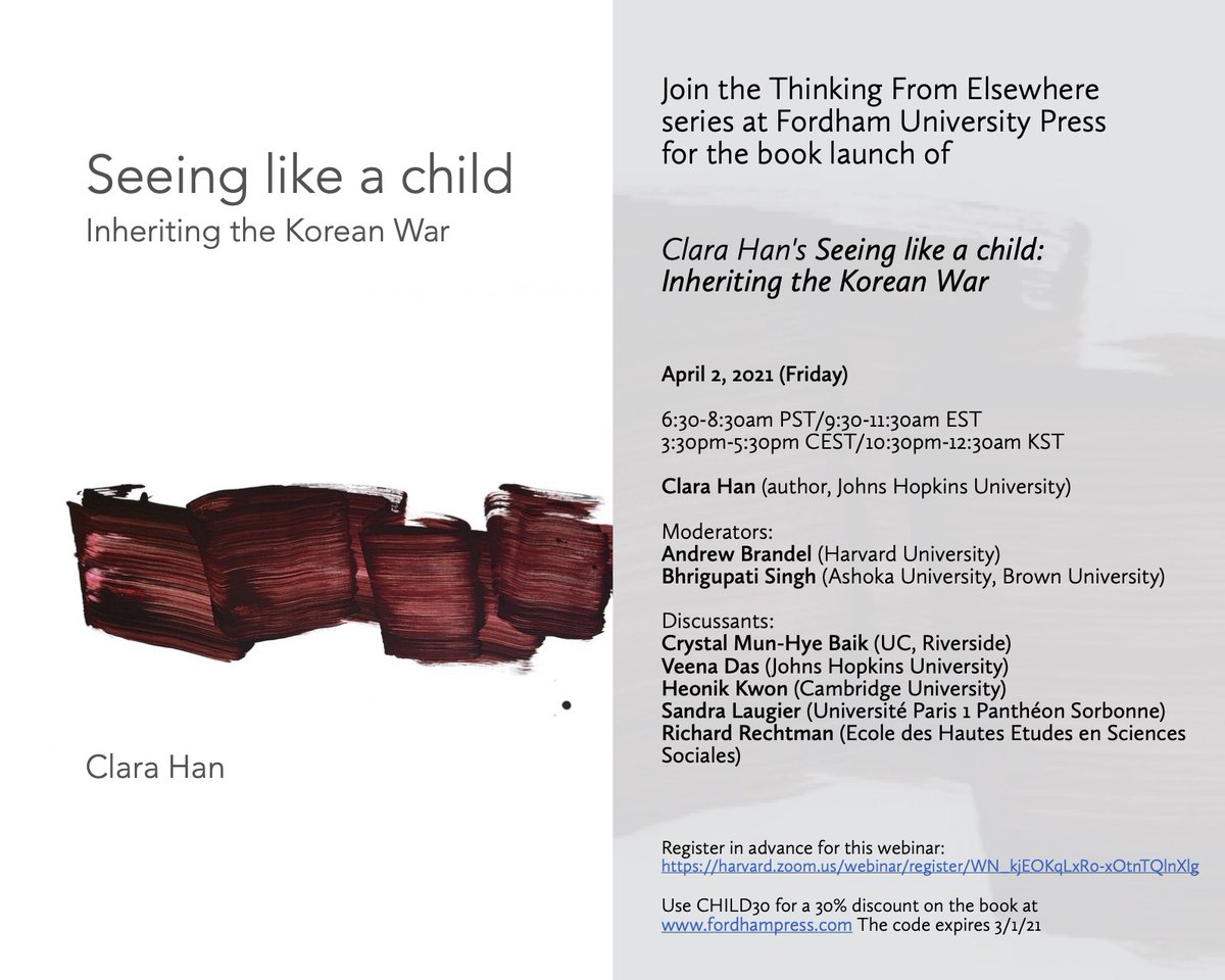 FUPThinkingFE's tweet photo. Join TFE @FordhamPress for the book launch of Seeing like a child: Inheriting the Korean War on Friday APRIL 2 #Anthro #KoreanWar #StopAsianHate 

https://t.co/RJwEPEPF8F https://t.co/GqkePizq4Q