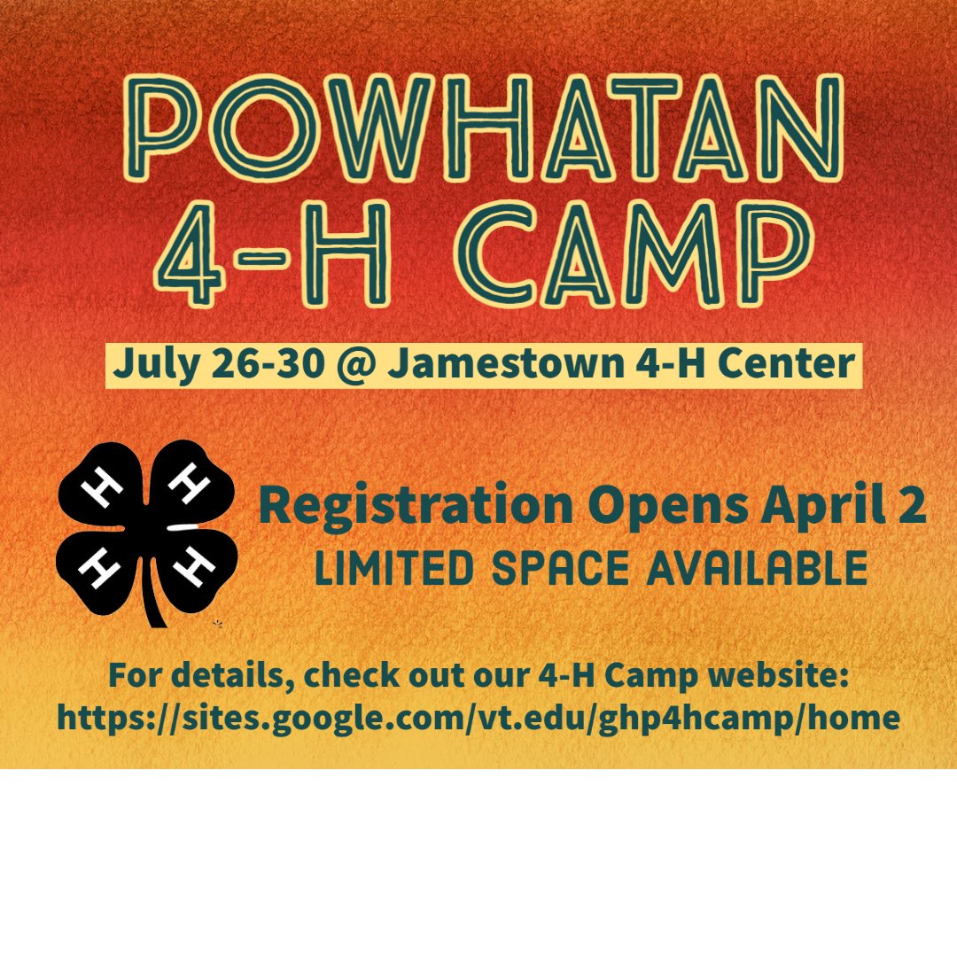 Powhatan4H's tweet photo. We can’t wait for 4-H camp! Half capacity to keep everyone safe, but slots will fill quickly. Find out all the details about 4-H camp here:
https://t.co/MWGX4rRkpD https://t.co/qf6KfaNGwv