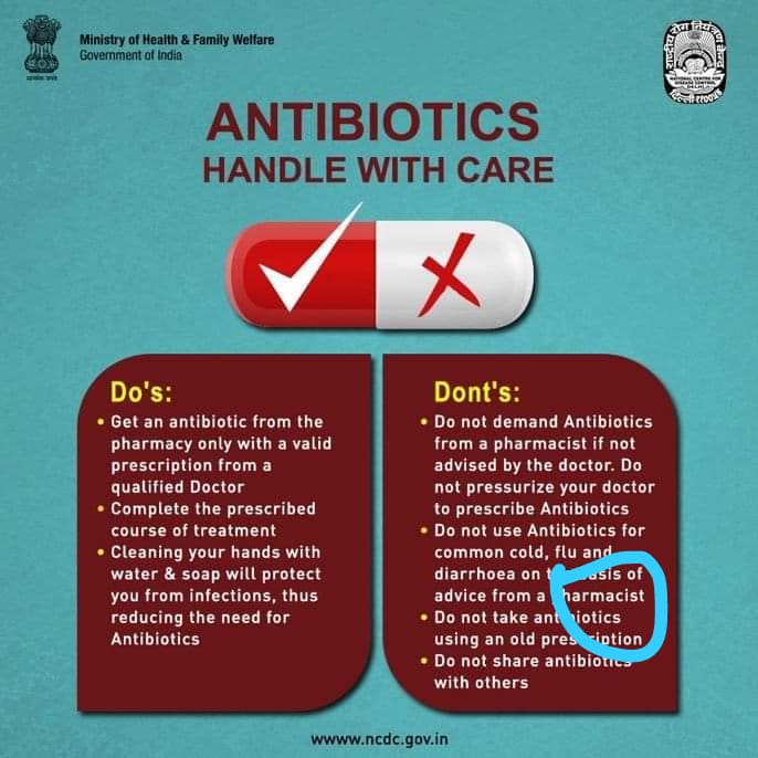 <a href="/MoHFW_INDIA/">Ministry of Health</a> 
<a href="/MoHFW_GUJARAT/">Ministry of Health</a> 
Pharmacist are not responsible for drug resistance.
Medical officer write prescription and pharmacist just dispense it.
Furhter in health and wellness center cho (gnm or ayush) who don't know about drugs dispense medicines without mbbs advise