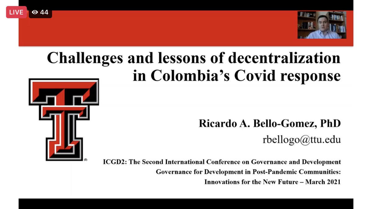 uplbcpaf's tweet image. #ICGD2update
Dr. Ricardo Bello-Gomez, Asst. Professor, Texas Tech University now sharing his presentation on Challenges and lessons of decentralization in Colombia’s Covid response during the Plenary Session 1 of ICGD2. 

#ICGD2
#InnovationsForTheNewFuture #CPAfICGD
#NewFuture