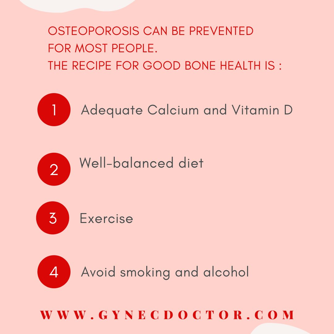 Gynec_Doctor's tweet photo. The recipe for the good bone health is:
Adequate Calcium and Vitamin D
Well-balanced diet
Exercise
Avoid smoking and alcohol

Consult Dr. Sangeeta Agrawal to manage your Osteoporosis well.                  https://t.co/coVAwqrD2t

#osteoporosis #osteoporosisprevention https://t.co/A7pI1FrabZ