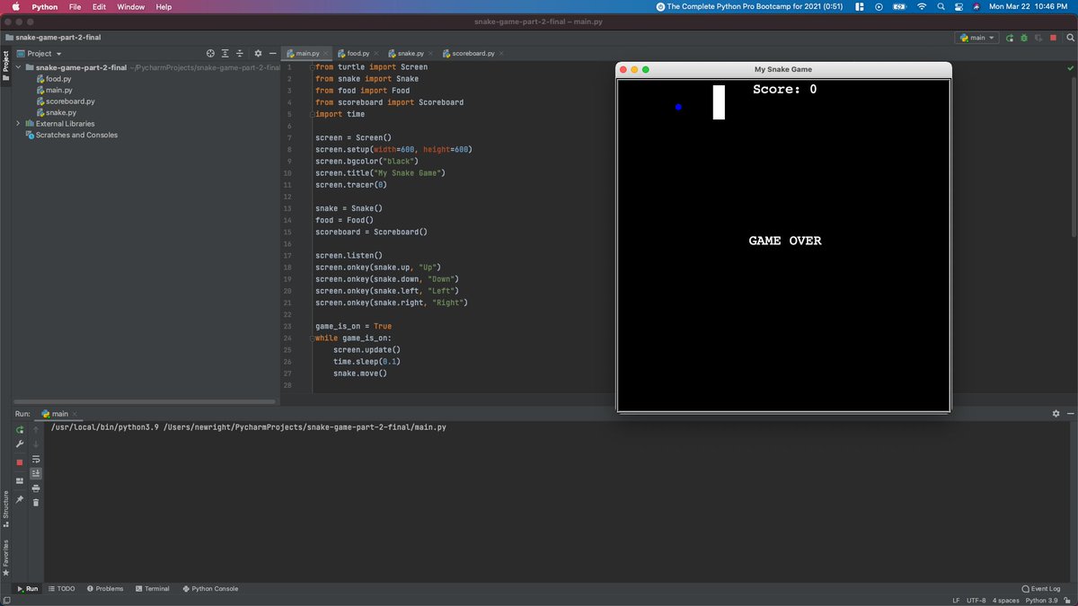 #100DaysOfCode | R3D93 | Time: 51 min.

<a href="/udemy/">Udemy</a> course - The Complete #Python Pro Bootcamp in 2021.

Section 21 - Build the Snake Game Part 2: Inheritance &amp; List Slicing