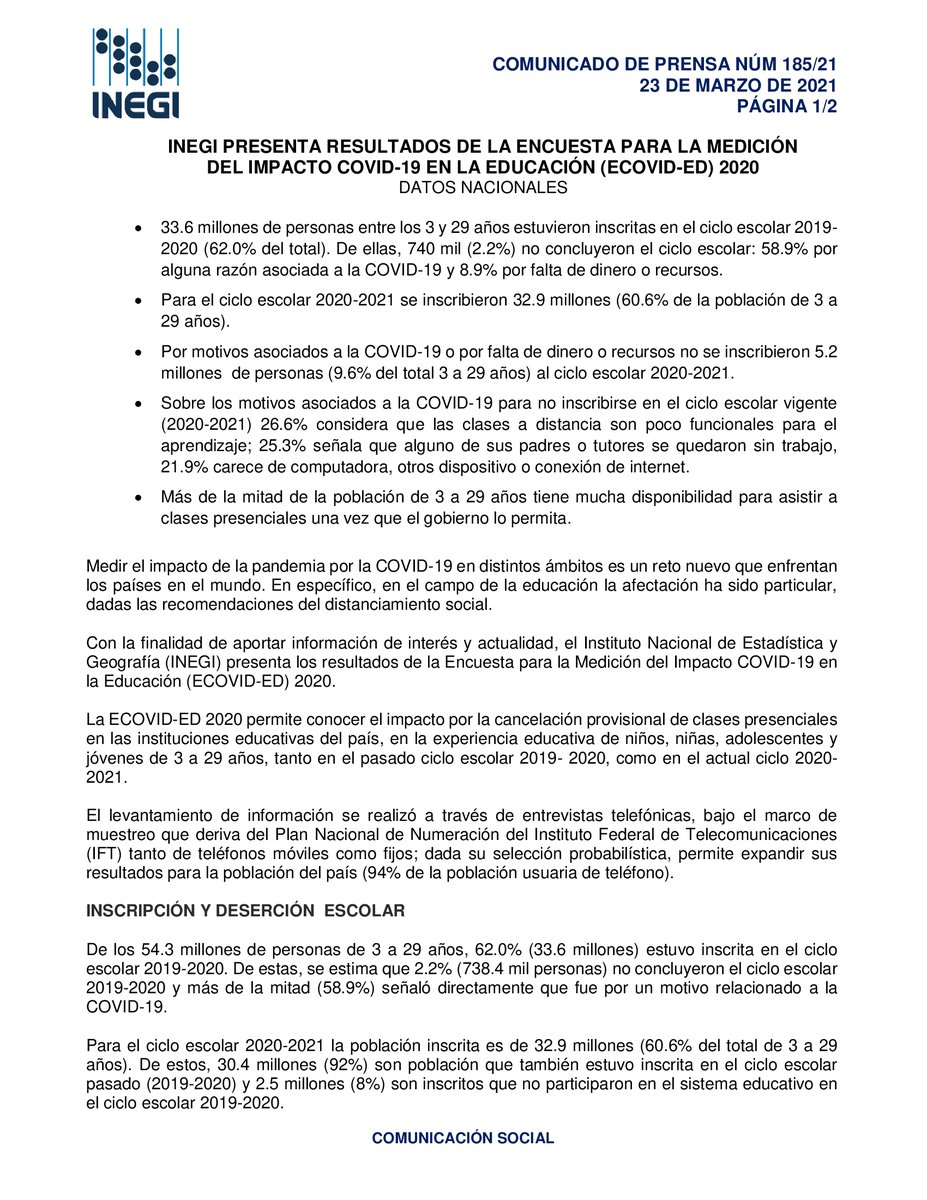 INEGI_INFORMA's tweet photo. Conoce el impacto por la cancelación provisional de clases presenciales en las instituciones educativas del país y en la experiencia educativa, con la Encuesta para la Medición del Impacto COVID-19 en la Educación (ECOVID-ED) 2020 https://t.co/cBdu0FlmlO #INEGI https://t.co/iM2X2x2VRC