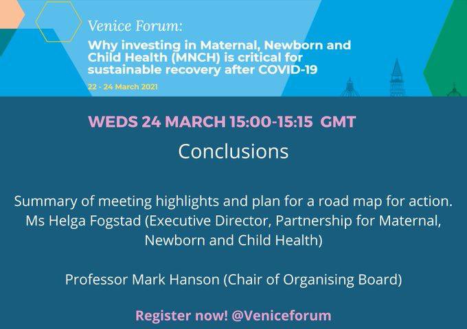 Honored to give closing remarks <a href="/VeniceForum/">Venice forum</a> 24 Mar 15:00 GMT w/ <a href="/MarkHansonUoS/">Mark Hanson</a> making the case to invest 💲 in #maternal #newborn #child health for a resilient💪 post #COVID19 🌎 <a href="/PMNCH/">PMNCH</a>  <a href="/FIGOHQ/">FIGO HQ</a> <a href="/LifeCycle_EU/">EU Child Cohort Network</a>

More info: bit.ly/393xZ4W

Register: bit.ly/3f1wk3P