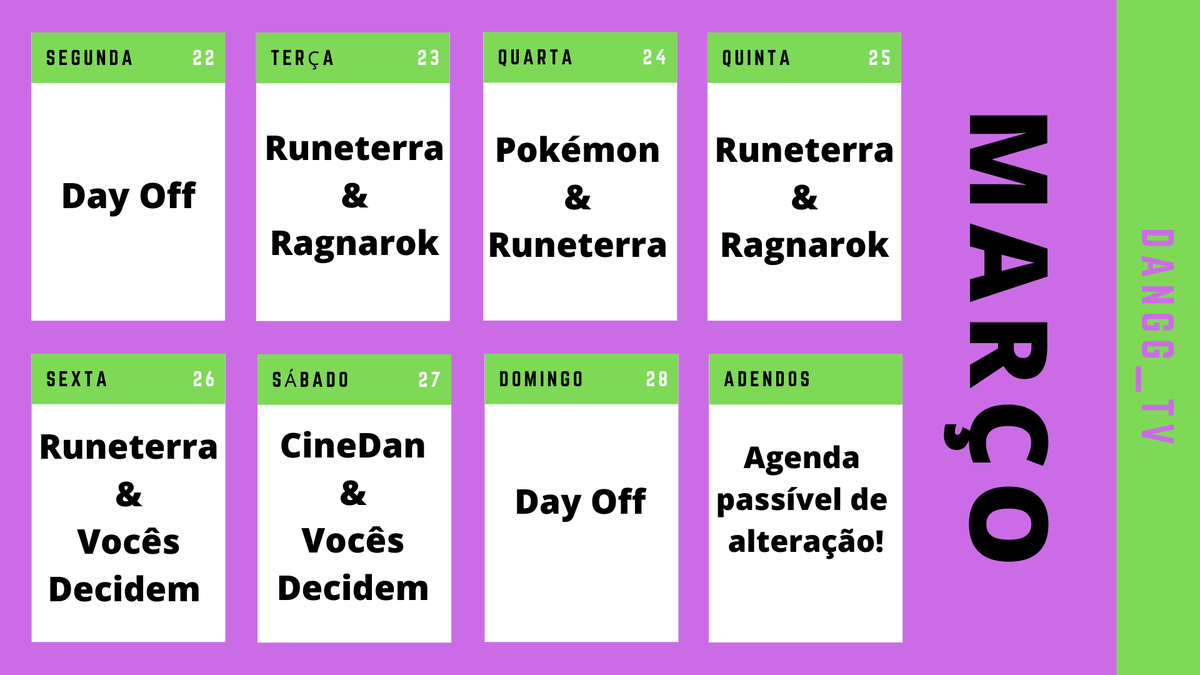 DanGG_TV's tweet photo. Salve! Apresento o calendário dessa semana para acompanharem a stream! Fiquem ligados no insta do canal para as votações e novidades! 

#Prascabeças #twitch #twitchtv #twitchstream #twitchstreamer #twitchbrasil #pokémon #LoLBR #ValorantBR #LorBR #Runeterra #Ragnarok
#century https://t.co/TEBPznKF7n