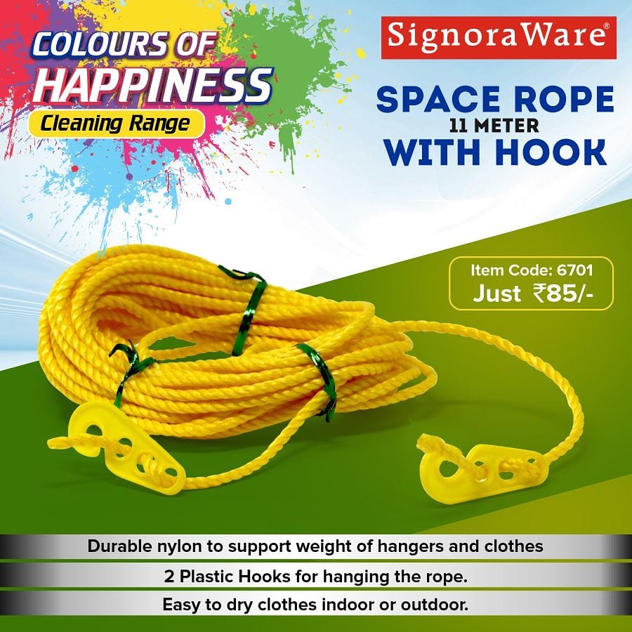 SignoraWare's tweet image. Colours of Happiness Cleaning range

Space Rope with hooks (11 meters)

• Durable nylon to support weight
• 2 plastic hooks
• Easy to dry clothes indoor and outdoor

#signoraware #coloursofhappiness #spacerope #rope #nylonrope #housecleaning #makeinindia #vocalforlocal