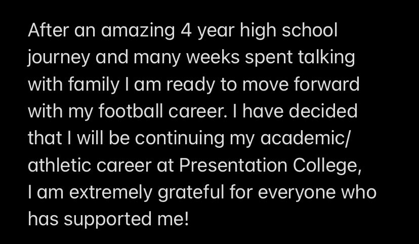 Excited to say I’ve committed to Presentation College! <a href="/BrandonHuffman/">Brandon Huffman</a> @CoachZim_PC <a href="/LHSBengalsFB/">Lewiston High School Football</a>  <a href="/LewTrib_Sports/">Lewiston Tribune Sports</a> <a href="/lewistonbengals/">Lewiston High School</a>