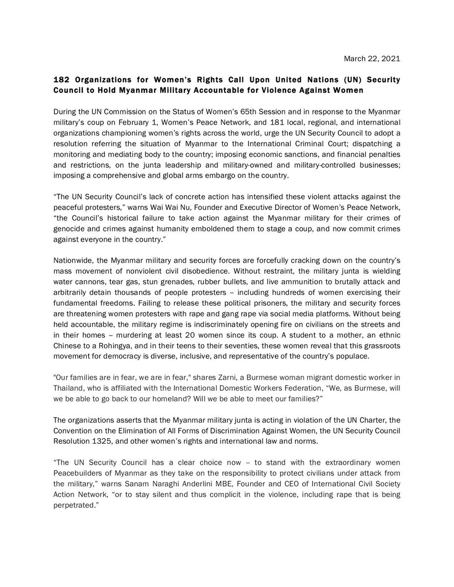 WomensPeaceNW's tweet photo. 📣 PR &amp; LETTER: On #CSW65, 181 members of the global #women’s rights movement join Women’s Peace Network to urgently call for the #Myanmar military to be held accountable for its brutality &amp; use of violence against women immediately.

#WhatsHappeninglnMyanmar #SarongRevolution https://t.co/C4DnytUf7a
