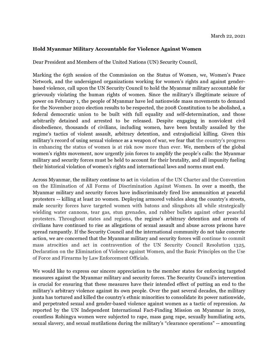 WomensPeaceNW's tweet photo. 📣 PR &amp; LETTER: On #CSW65, 181 members of the global #women’s rights movement join Women’s Peace Network to urgently call for the #Myanmar military to be held accountable for its brutality &amp; use of violence against women immediately.

#WhatsHappeninglnMyanmar #SarongRevolution https://t.co/C4DnytUf7a