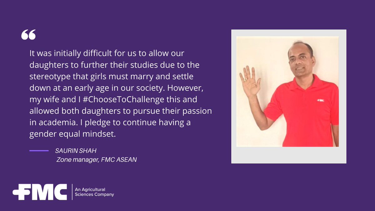 fmcapac's tweet photo. Have you experienced a #ChooseToChallenge moment in your life? Perhaps you have challenged stereotypes, or called out gender bias or addressed inequality? We asked FMC ASEAN Zone Manager Saurin Shah to share his story with us. #WomensHistoryMonth https://t.co/l00StAyZNY