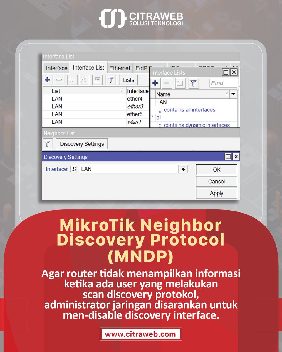 mikrotik_id's tweet photo. Anda bisa mempelajari tutorial selengkapnya tentang MikroTik Neighbor Discovery Protocol(MNDP) melalui artikel berikut:
Perubahan Konfigurasi Neighboor Discovery
https://t.co/PqQt7h1ueU
#MNDP #NeighborDiscovery #MikroTik #Citraweb #RouterManagement #MikrotikTutorial https://t.co/7BcrQo5Lcs