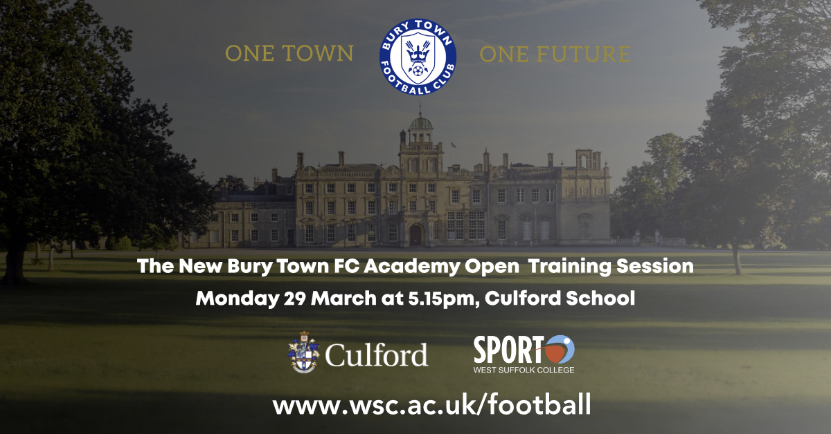 WestSuffolk's tweet photo. Sign up to the @BuryTownFC Football Academy training session at @CulfordSchool on Mon 29 March, 5.15pm, and kickstart your journey in the football and sports industry.

⚽ Sign up here: https://t.co/whTUFUO5Yl

#BuryStEdmunds #Football #Suffolk #FootballAcademy https://t.co/HyDf1lZb4I