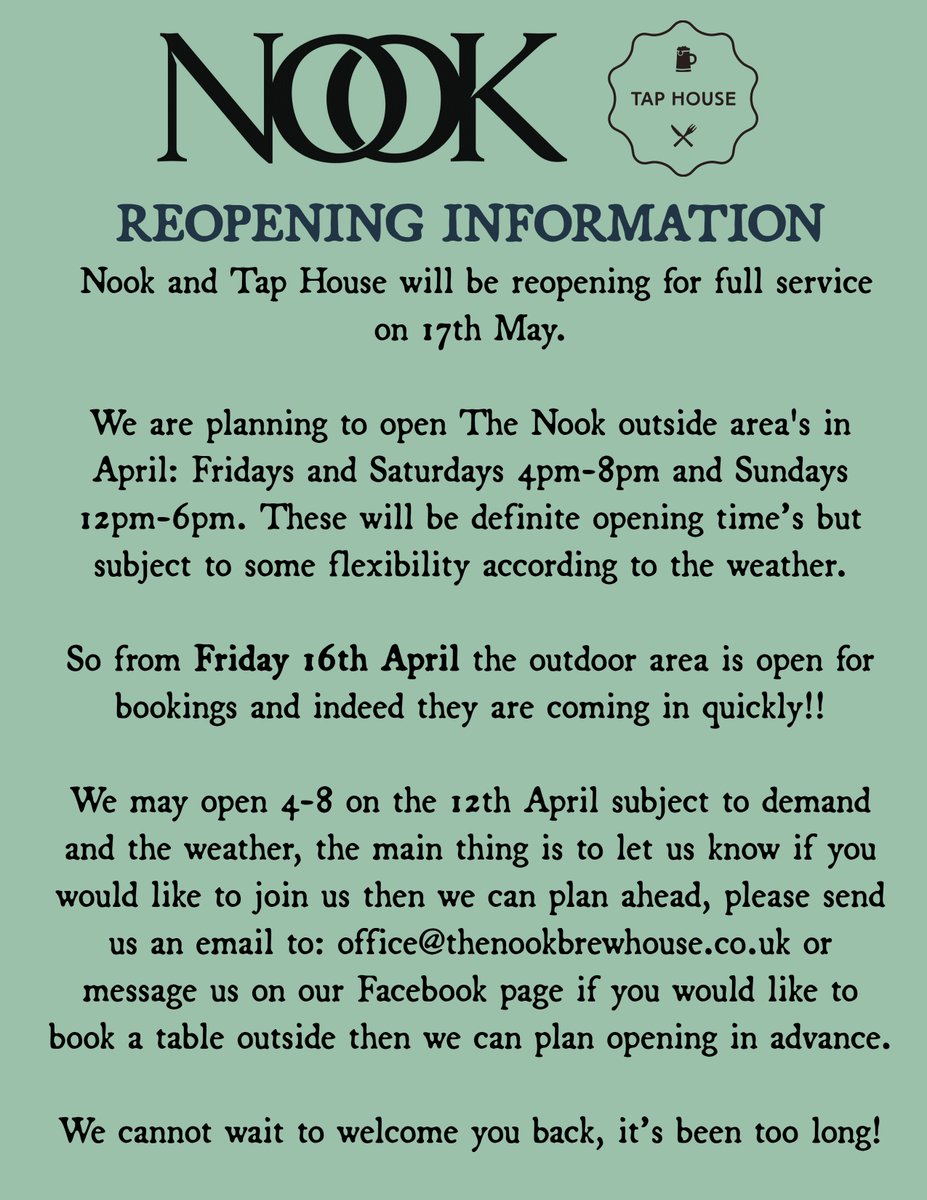Nook &amp; Tap House Reopening info.