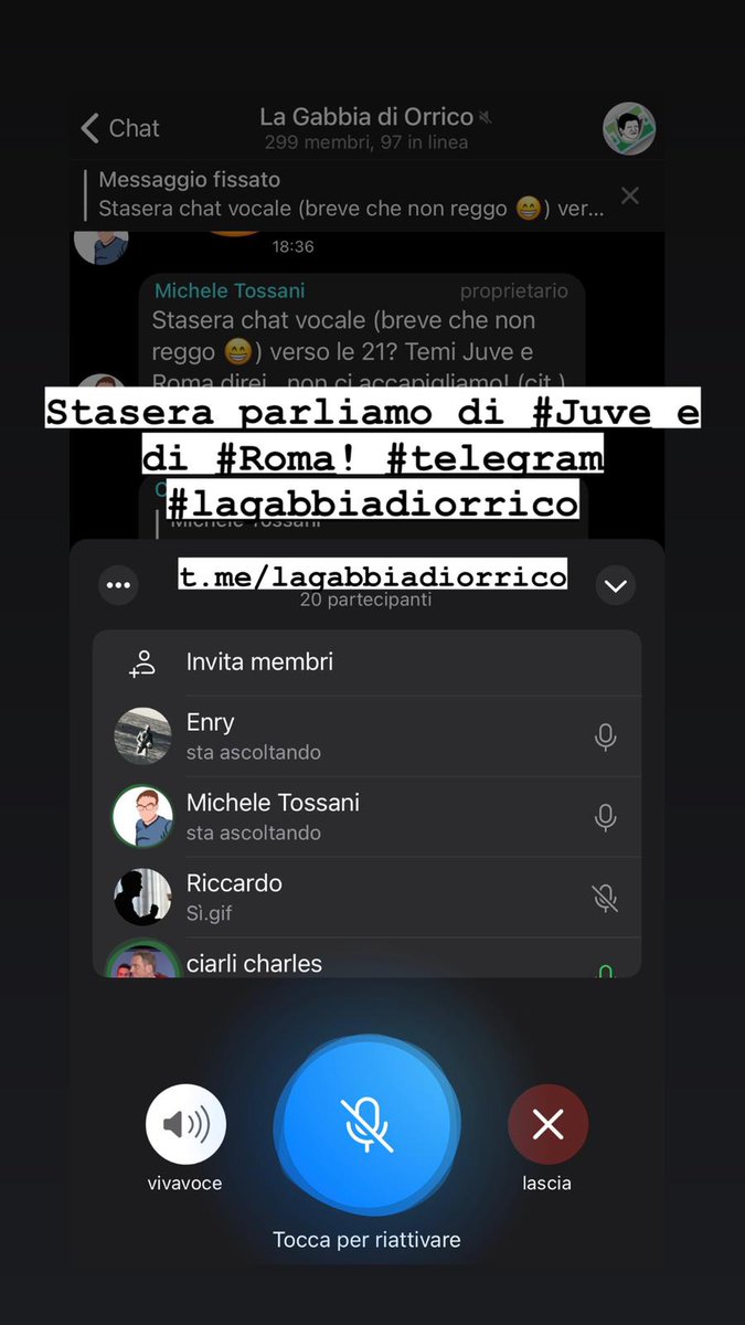 MicheleTossani's tweet photo. #23marzo: ieri primo esperimento di #chatvocale nel gruppo #Telegram de #lagabbiadiorrico...ringrazio tutti i partecipanti 😀...parlare di ⚽ con #educazione e a livello di cose di #campo si può 😉 https://t.co/EPos0DFv2H