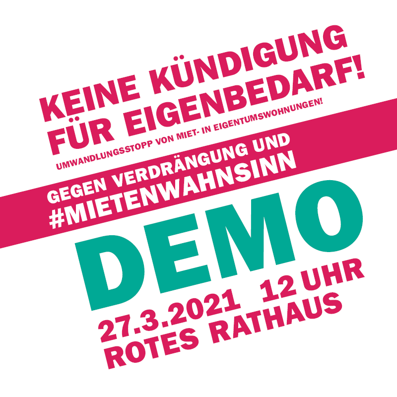 In del letzten 5 Jahren sind in Berlin ca. 80.000 Wohnungen von Miet- in Eigentumswohnungen umgewandelt worden.
Oft folgt darauf die #Eigenbedarfskündigung. 
Kommt zur Demo am 27.3. 12 Uhr Rotes Rathaus!
#E3K #Umwandlung #Mietenwahnsinn #HAD2021 #HousingActionDay2021