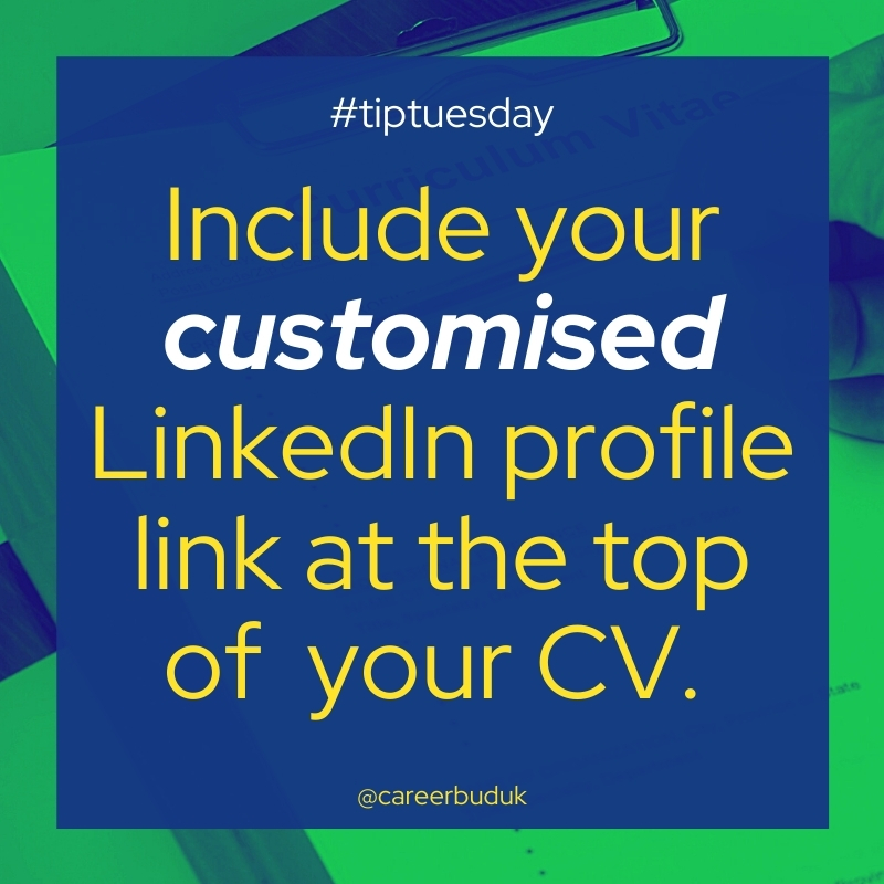 CareerBudUK's tweet image. ⚠️ 𝗜𝗠𝗣𝗢𝗥𝗧𝗔𝗡𝗧 𝗖𝗩 𝗧𝗜𝗣 ⚠️⁣⁣⁣
⁣⁣⁣
TUESDAY's TOP TIP: Include a *customised* LinkedIn profile at the top of your CV. Why? 94% of recruiters use LinkedIn to vet job candidates!⁣
⁣⁣⁣⁣⁣⁣⁣⁣⁣
#careertraining #careercoach #tiptuesday #tuesdaytip #cv