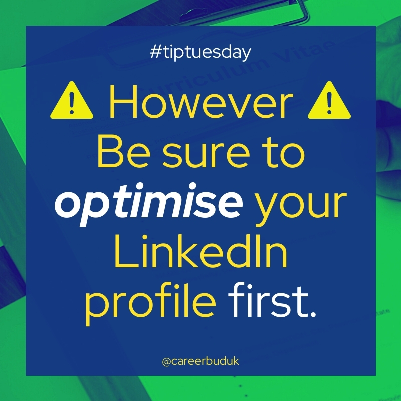 CareerBudUK's tweet image. ⚠️ 𝗜𝗠𝗣𝗢𝗥𝗧𝗔𝗡𝗧 𝗖𝗩 𝗧𝗜𝗣 ⚠️⁣⁣⁣
⁣⁣⁣
TUESDAY's TOP TIP: Include a *customised* LinkedIn profile at the top of your CV. Why? 94% of recruiters use LinkedIn to vet job candidates!⁣
⁣⁣⁣⁣⁣⁣⁣⁣⁣
#careertraining #careercoach #tiptuesday #tuesdaytip #cv