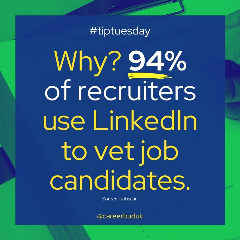 CareerBudUK's tweet image. ⚠️ 𝗜𝗠𝗣𝗢𝗥𝗧𝗔𝗡𝗧 𝗖𝗩 𝗧𝗜𝗣 ⚠️⁣⁣⁣
⁣⁣⁣
TUESDAY's TOP TIP: Include a *customised* LinkedIn profile at the top of your CV. Why? 94% of recruiters use LinkedIn to vet job candidates!⁣
⁣⁣⁣⁣⁣⁣⁣⁣⁣
#careertraining #careercoach #tiptuesday #tuesdaytip #cv