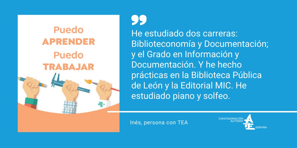 Todas las personas con #TEA tienen habilidades y fortalezas. Muchas además disponen de estudios superiores y están sobradamente preparadas para trabajar, como Inés, pero tienen escasas oportunidades laborales #DiaMundialAutismo #PuedoAprenderPuedoTrabajar diamundialautismo.com/puedo-aprender…