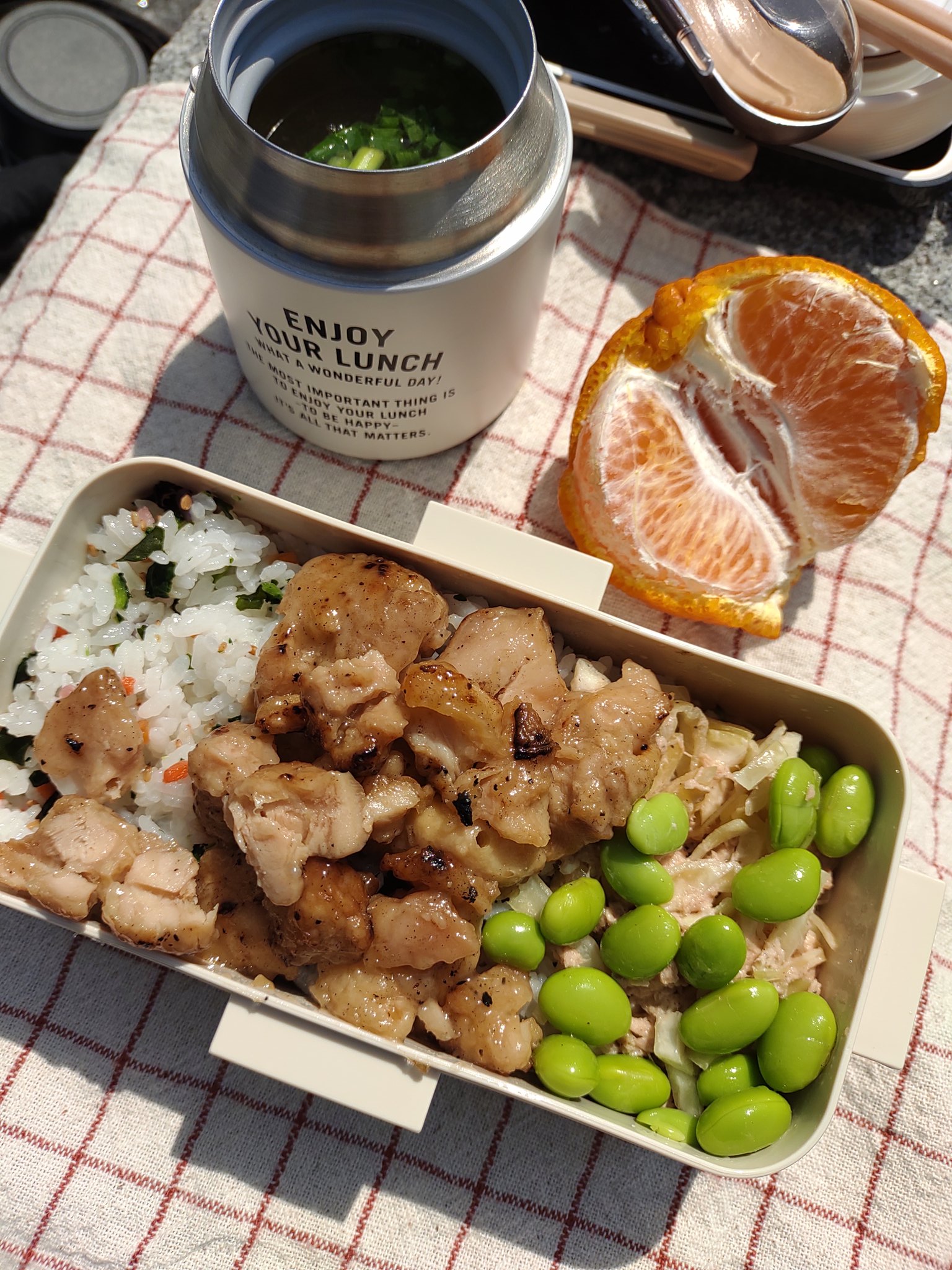 Casa Mallqui Lamafe 今日もお弁当をお 外で頂きます 昨日の晩酌のおつまみが何だったかバレバレの焼き鳥 枝豆 ふりかけご飯 無限キャベツ お 味噌汁はかまぼことネギ デザートはデコポン半分 側にいたデート中カップル 彼女が作ったお弁当に すげ