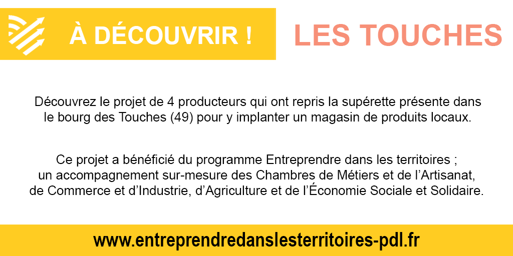 entreprendrepdl's tweet photo. ILS ONT OSÉ SE LANCER ! 
Des porteur·euses de projet ont bénéficié d’un accompagnement sur-mesure pour la concrétisation de leur #projet ! 📘💪👉🎉
Aujourd'hui découvrez la supérette de produits locaux : Touches &amp; Terre 
👉https://t.co/fw7ruthdyM
@cmarPDL @ChambagriPdL https://t.co/Ks1tPDmU14