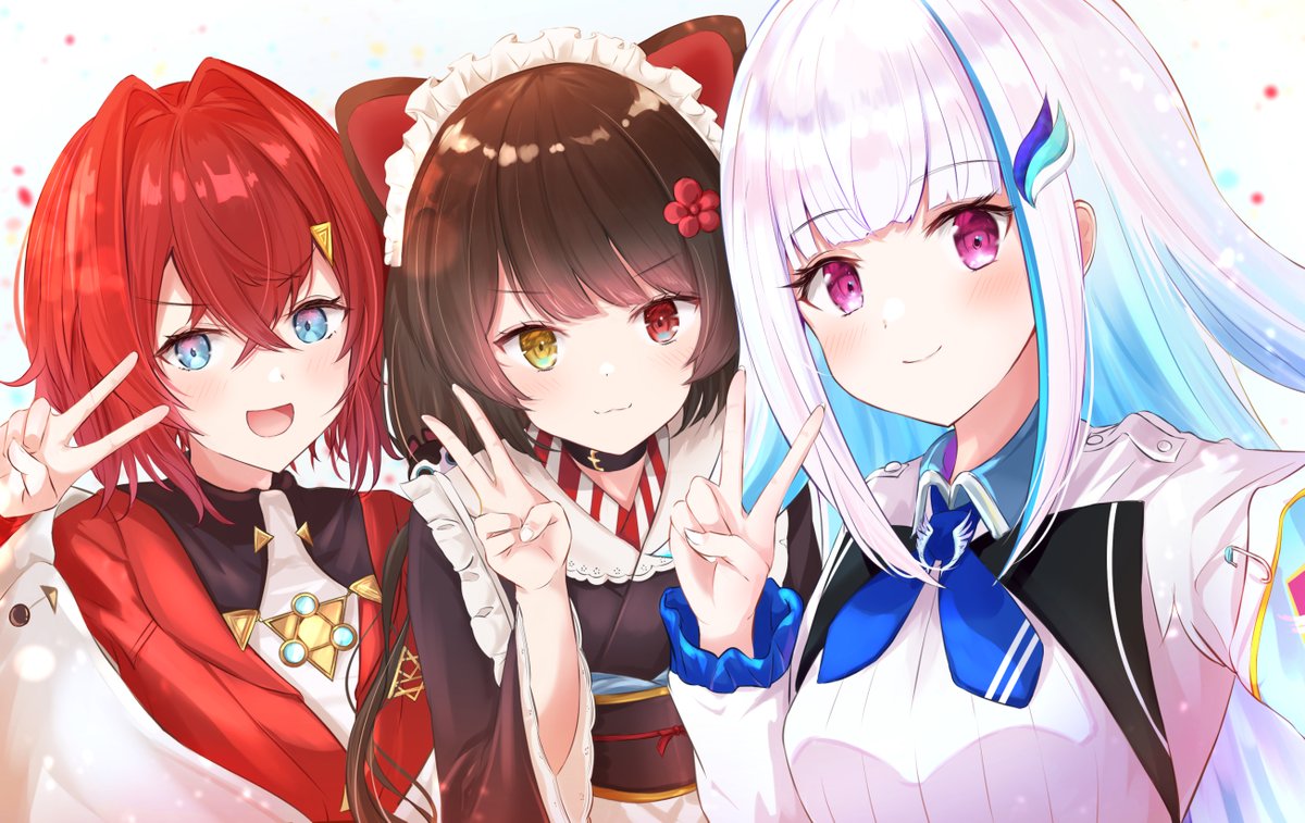 ange katrina ,inui toko ,lize helesta multiple girls 3girls v heterochromia blue eyes hair ornament smile  illustration images